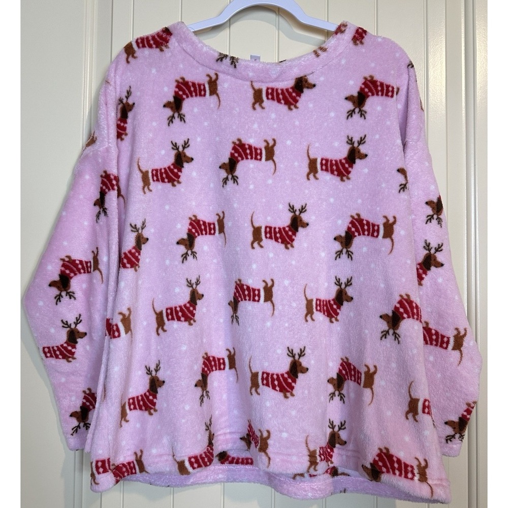 JOYSPUN fleece Women's pajama PJ Top Only Wiener Dog Dachshund Pink 2X Holiday